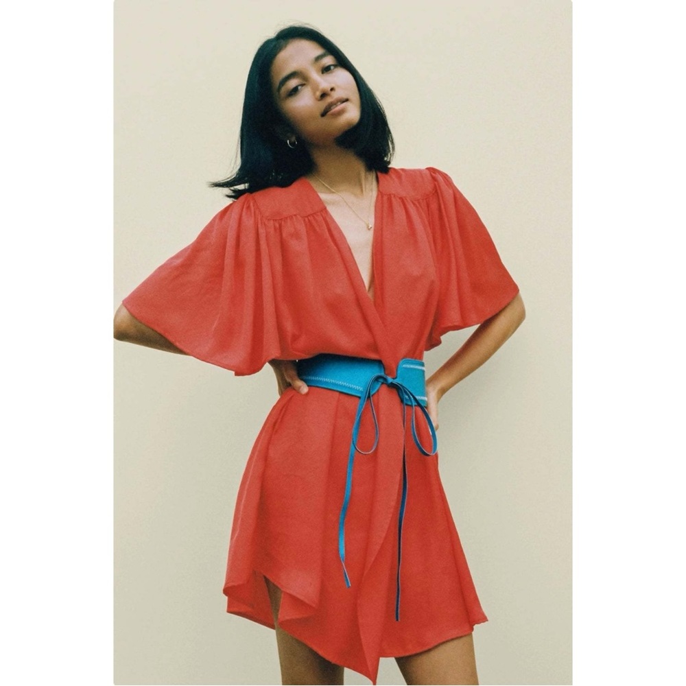 Ciao Lucia Sabrina Dress - Red Orange Bell Sleeve V-Neck Belted Mini Dress sz L - Picture 10 of 12